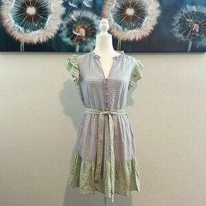 Greylin pink-and-blue gingham bodice, playful green accents, and ruffled sleeves